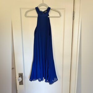 NWOT, Lulu’s royal blue halter dress, pleated sheer overlay, size M
